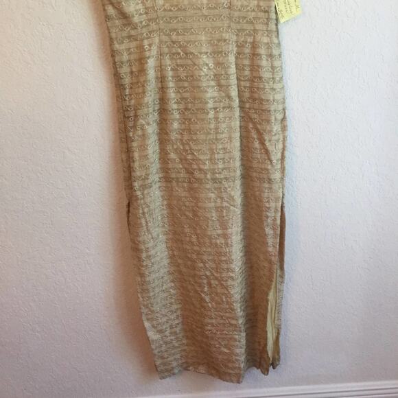 Vintage M Asian Cream maxi dress stripes & swirls metallic formal dress - Picture 3 of 6